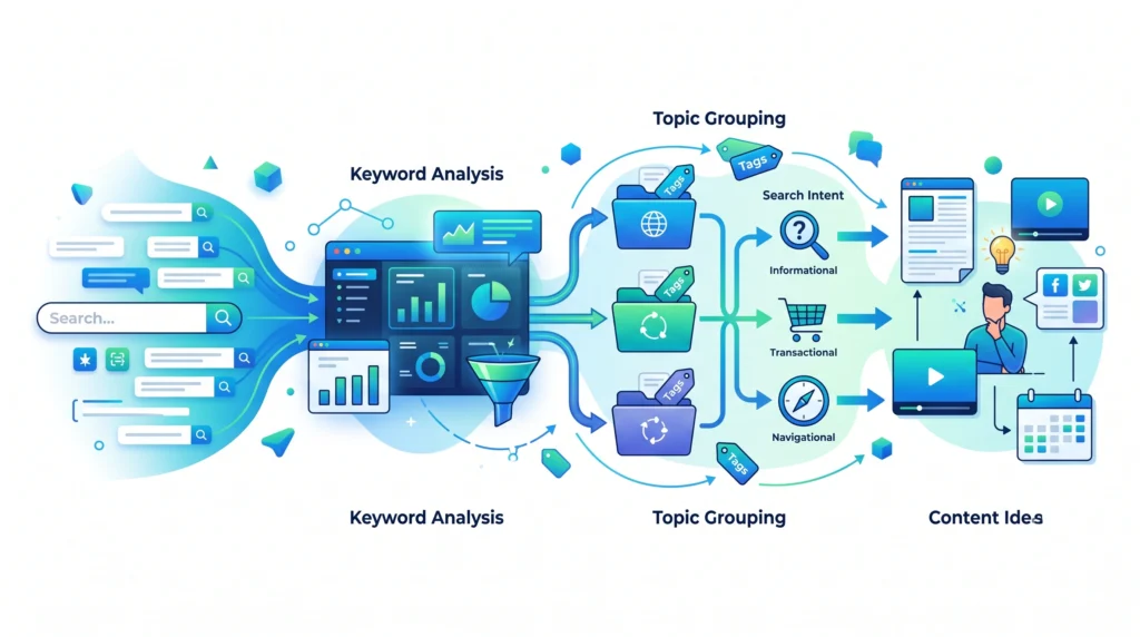 What is keyword research process showing search queries topics and content ideas