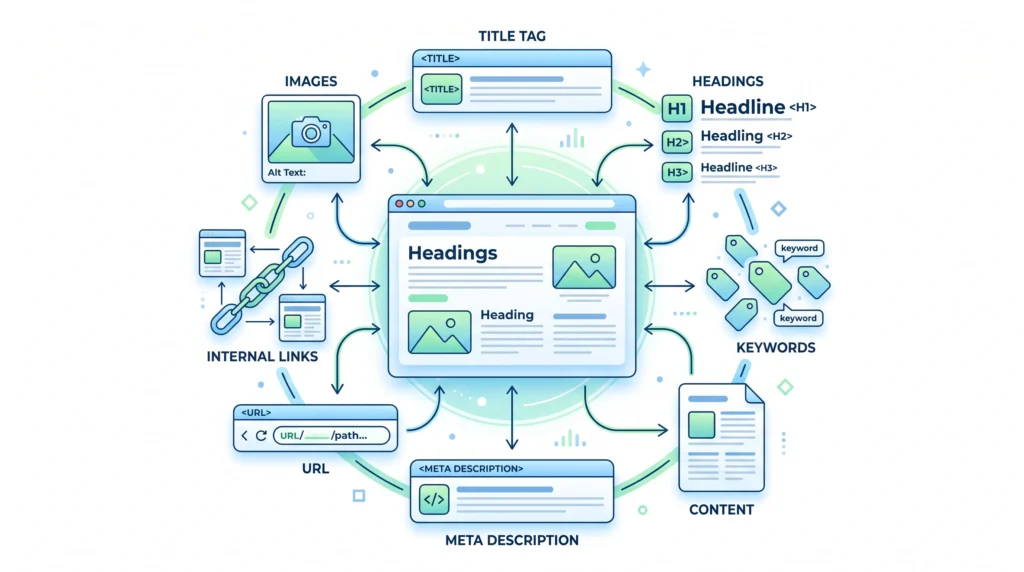 On-page SEO elements including content titles headings images and internal links
