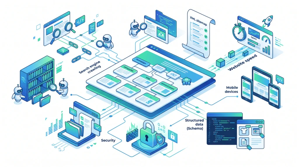 Technical SEO showing crawling indexing website structure speed and optimization