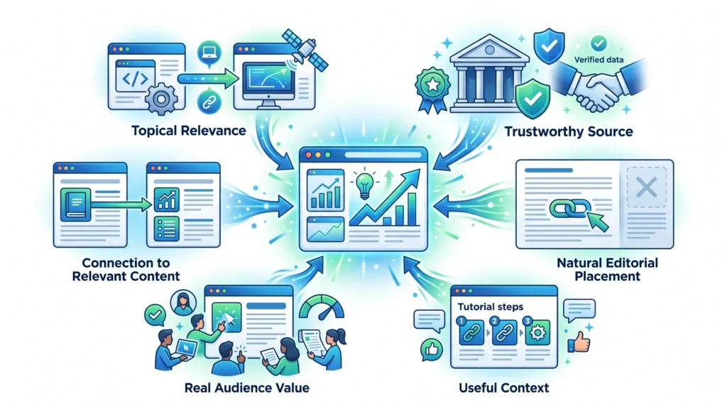 Characteristics of a high quality backlink including relevance credibility context and natural placement