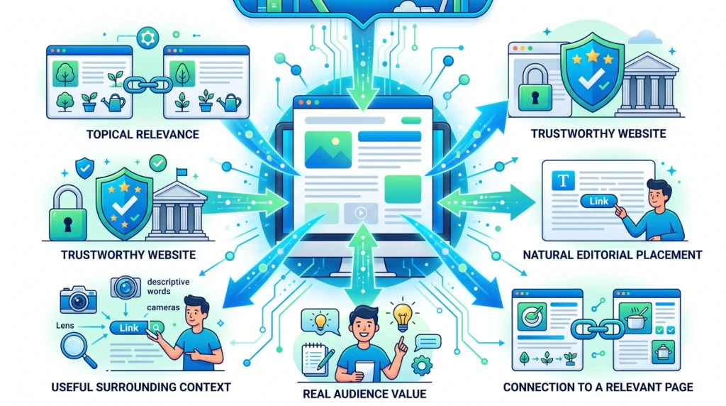 Characteristics of a good backlink including relevance trust natural placement and user value