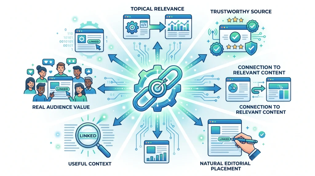 Important qualities of a valuable backlink including relevance trust context and user value