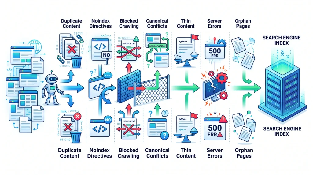Common reasons webpages are not indexed including duplicate content blocked pages and technical issues